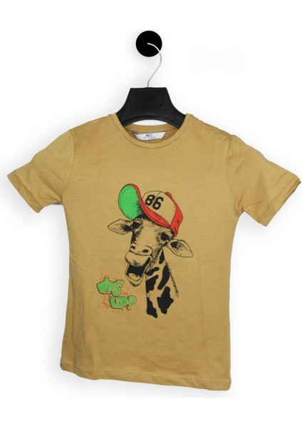 Sütlü Kahve Şapkalı Zürafa Kısa Kol Çocuk T-Shirt