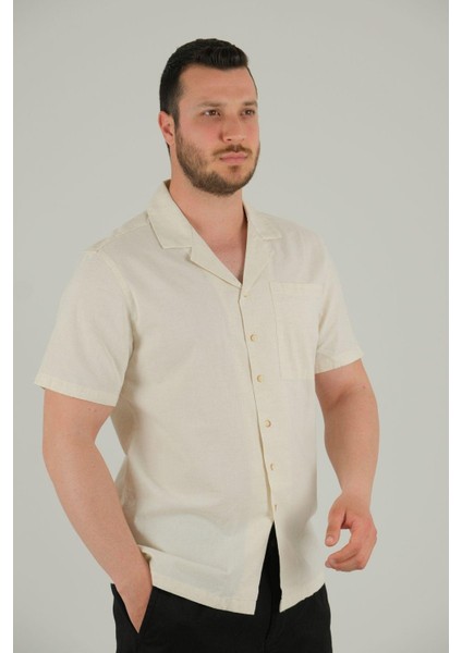Bej Renk Düz Erkek Keten Görünümlü Kısa Kol Gömlek fiyatları