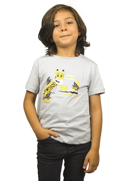 Gri Renk Hello Zürafa Kısa Kol Çocuk T-Shirt