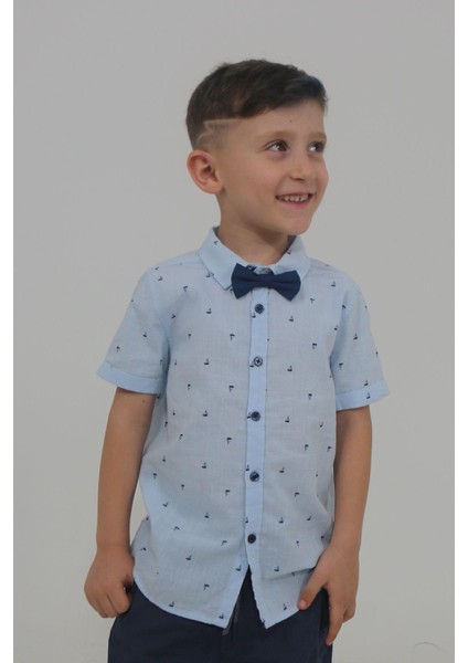 Mavi Renk Desenli Erkek Bebek Papyonlu Gömlek