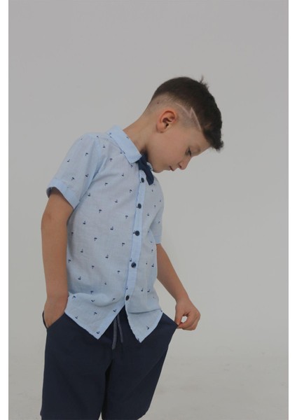 Mavi Renk Desenli Erkek Bebek Papyonlu Gömlek modelleri