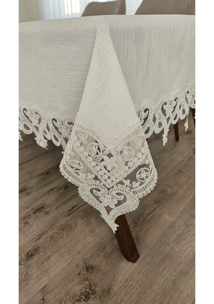Gardenya Keten Dertsiz Kalp Desenli Ağır Güpürlü Krem Masa ÖRTÜSÜ-160X160...160X500 modelleri