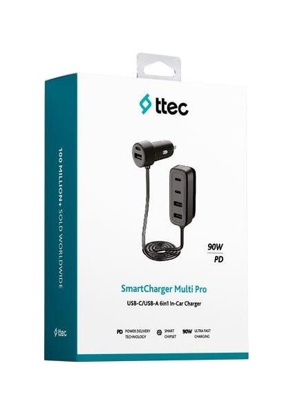 Smartcharger 6'sı 1 Arada Pd 90W Araç Hızlı Şarj Aleti 3 Usb-C+3 Usb-A 2CKP06S Siyah