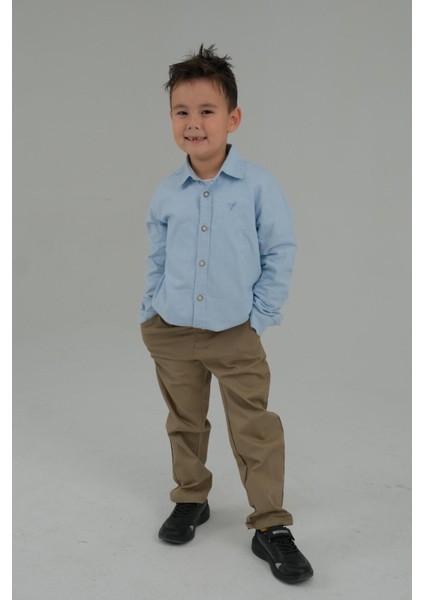 Açık Mavi Renk Düz Uzun Kollu Erkek Çocuk Gömlek