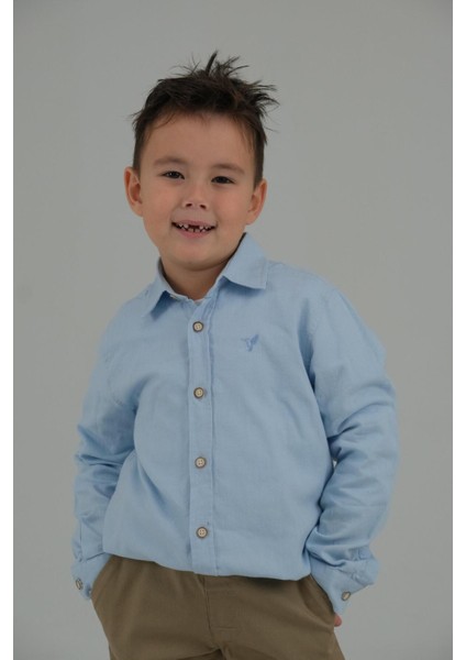 Açık Mavi Renk Düz Uzun Kollu Erkek Çocuk Gömlek modelleri