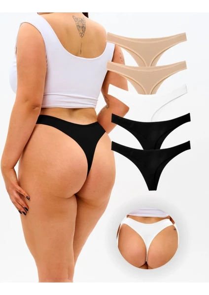 ALYA UNDERWEAR Kadın Tanga Külot 5 Adet ( 2 Adet Siyah, 2 Adet Ten, 1 Adet Beyaz )