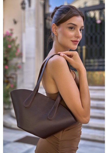 Kahverengi Kadın Deri Görünümlü Shopper Çanta