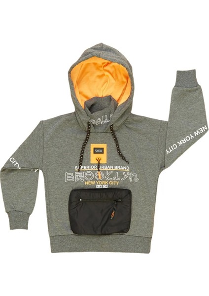 Erkek Çocuk Brooklyn Yazı Desenli Cepli Kapüşonlu Antrasit Renk Sweatshirt