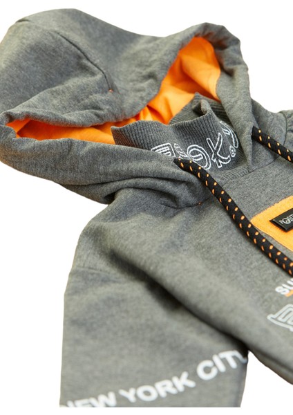 Erkek Çocuk Brooklyn Yazı Desenli Cepli Kapüşonlu Antrasit Renk Sweatshirt