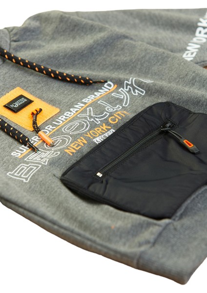 Erkek Çocuk Brooklyn Yazı Desenli Cepli Kapüşonlu Antrasit Renk Sweatshirt