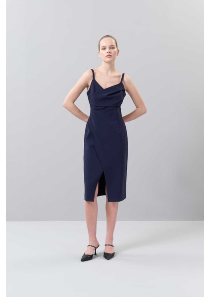 Askılı Drape Detaylı Asimetrik Elbise Lacivert K2511017_015