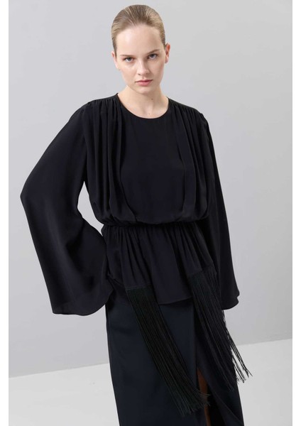 Floş Püsküllü Büzgü Detaylı Bluz Siyah K2513001_001