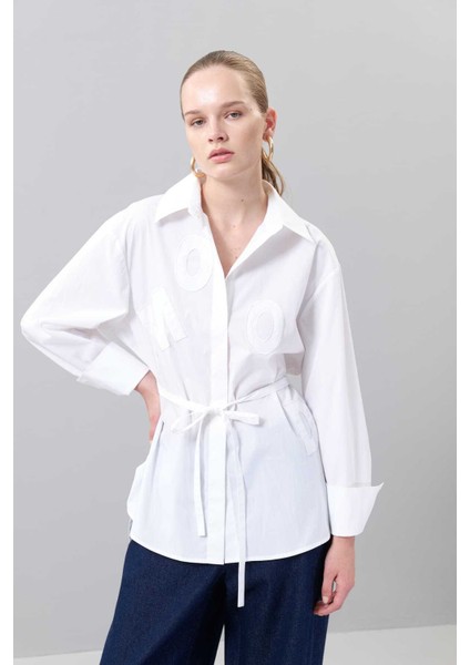 Nakışlı Beli Kuşaklı Gömlek Beyaz K2513532_002