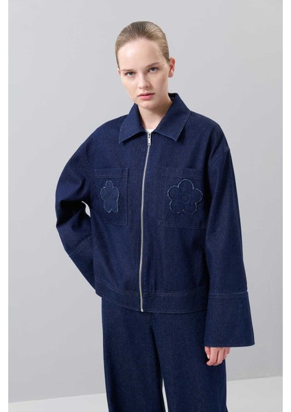 Önden Fermuarlı Iki Cepli Denim Ceket Lacivert K2516021_015