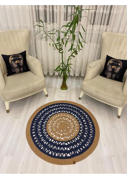 Mola Serisi Jüt Hasır Görünümlü Desenli Modern El Örgüsü Daire Halı Kilim