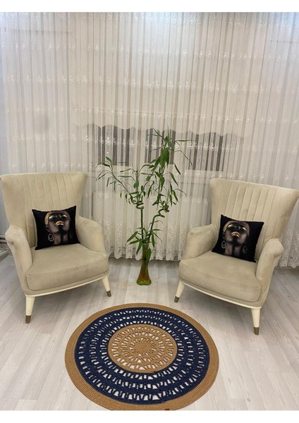 Mola Serisi Jüt Hasır Görünümlü Desenli Modern El Örgüsü Daire Halı Kilim