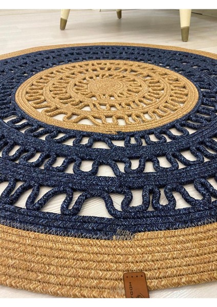Mola Serisi Jüt Hasır Görünümlü Desenli Modern El Örgüsü Daire Halı Kilim