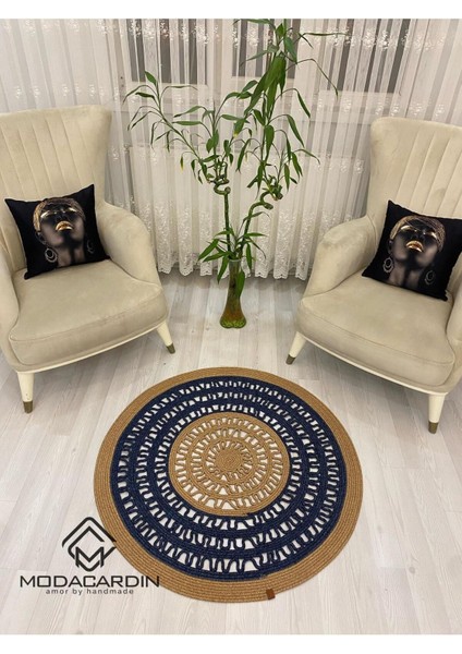 Mola Serisi Jüt Hasır Görünümlü Desenli Modern El Örgüsü Daire Halı Kilim