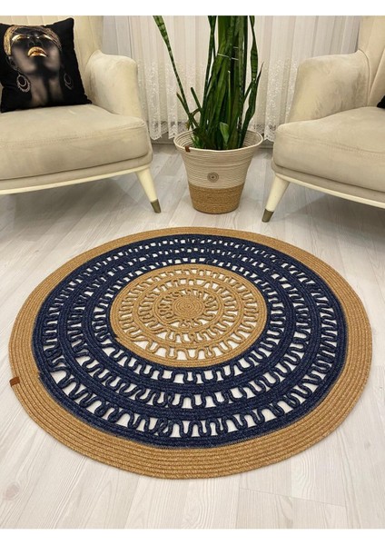 Mola Serisi Jüt Hasır Görünümlü Desenli Modern El Örgüsü Daire Halı Kilim
