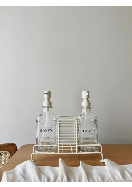 Metal Standlı 2’Li Cam Sabunluk Seti / Krem