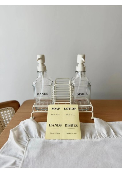 Metal Standlı 2’Li Cam Sabunluk Seti / Krem fiyatları