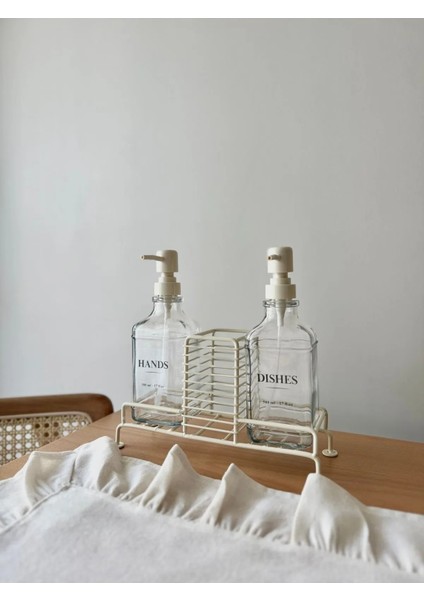 Metal Standlı 2’Li Cam Sabunluk Seti / Krem modelleri