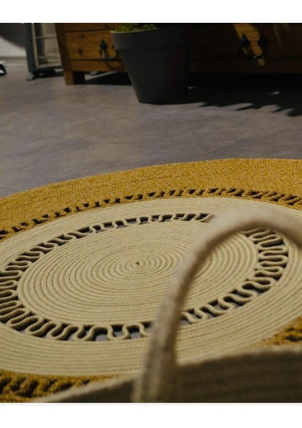 Mola Serisi Jüt Hasır Görünümlü Desenli Modern El Örgüsü Daire Halı Kilim