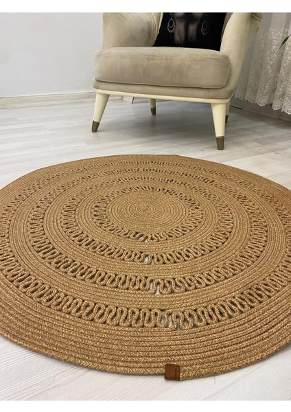 Mola Serisi Jüt Hasır Görünümlü Desenli Modern El Örgüsü Daire Halı Kilim