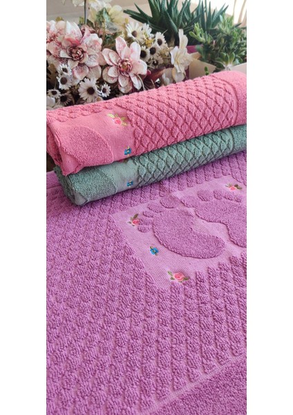 (3 Lü Set) 50X70 cm. Çeyizlik Lüks Nakışlı Jaklarlı Ayak Havlusu