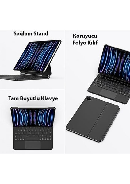 Apple iPad Pro 13 Inç M4 (2024) LED Aydınlatmalı Touchpadli Manyetik Kapaklı Bluetoothlu Magic Klavyeli Kılıf A2925 A2926