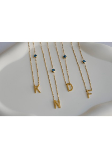 First Jewelry Nazar Boncuklu Gold B Harf Kolye (316L)