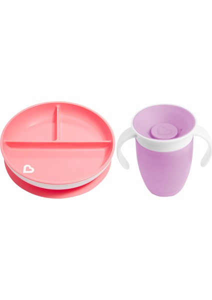 Sabit Vakumlu Beslenme Tabağı &mucize 360 Alıştırma Bardağı 6AY+ Pembe&mor 2li Paket