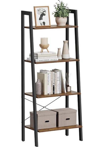 Vasagle Merdiven Rafı, 4 Katlı Kitaplık, Saklama Rafı, Çelik Çerçeveli Kitaplık, Oturma Odası, Ev Ofis, Mutfak, Yatak Odası, Endüstriyel Stil, Rustik Kahverengi ve Siyah ULLS44X