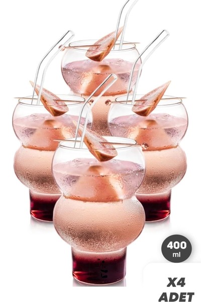 4 Adet Külah Dalgalı Bardak - Cam Pipetli Bardak Kokteyl Kahve Sunum Bardağı 400 ml