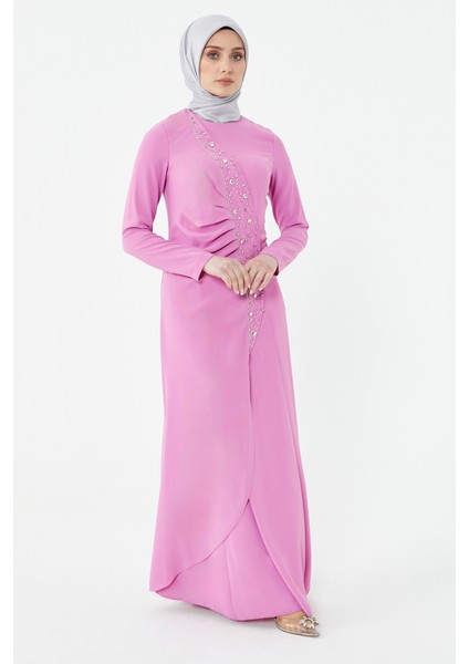 Pembe Taşlı Drape Detaylı Abiye Elbise 24251292325129