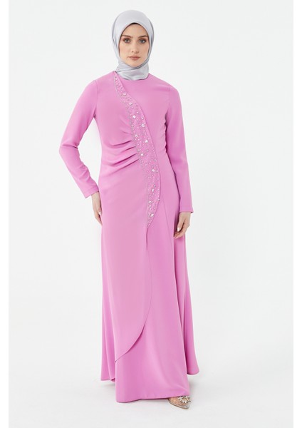 Pembe Taşlı Drape Detaylı Abiye Elbise 24251292325129