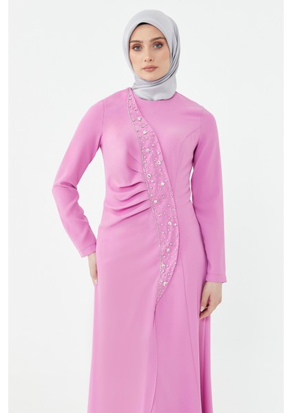 Pembe Taşlı Drape Detaylı Abiye Elbise 24251292325129