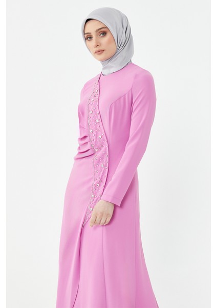 Pembe Taşlı Drape Detaylı Abiye Elbise 24251292325129