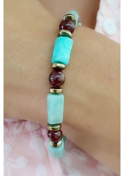 Amazonit ve Granat Taşlı Tasarım Doğal Taş Bileklik