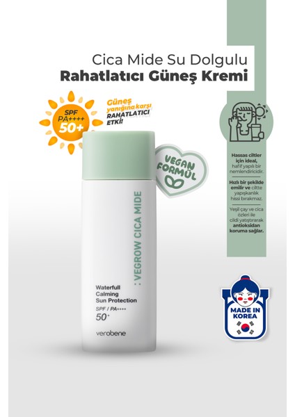 Vegrow Cica Mide Waterfull Sun Cream Vegan Bitkisel Yatıştırıcı Güneş Koruyucu 50 ml