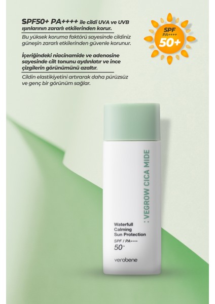 Vegrow Cica Mide Waterfull Sun Cream Vegan Bitkisel Yatıştırıcı Güneş Koruyucu 50 ml