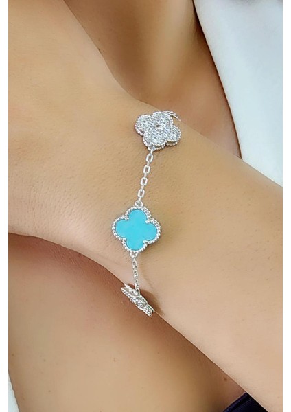 Zirkon ve Amazonit Taş 925AYAR Gümüş Tasarım Italyan Tasarımı Yonca Bileklik