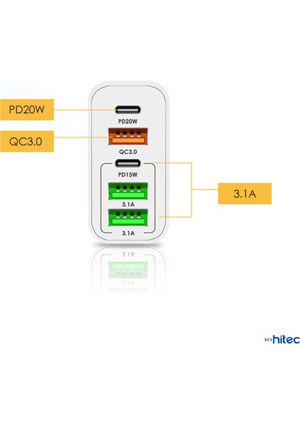 65W 2 Type-C + 3 Usba Toplam 5 Çıkışlı Philips 3A 60W Usba To Type-C Kablolu Şarj Aleti Beyaz SR104