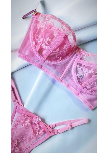 Güpürlü Dantelli Pembe Bralet Takım