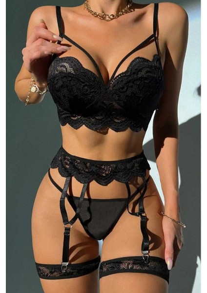 Sialess Lingerie Siyah  Yeni Model Dantel Jartiyer Takımı  Gecelik - J-3112