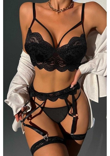 Sialess Lingerie Siyah  Yeni Model Dantel Jartiyer Takımı  Gecelik - J-3112