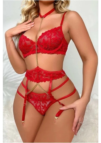 Sialess Lingerie Kadın Kırmızı Boyunluk Detaylı Jartiyer Takım Çeyiz+ Çorap Hediyeli Gecelik - J-3107