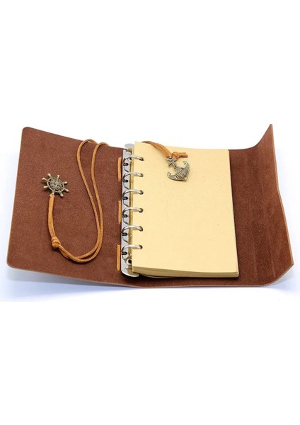 Bağcıklı Deri Ciltli Defter El Yapımı Spiralli Denizci Pusula Logo Çizgisiz Vintage Yaprak Gezgin Günlük Not Anı Hatıra Defteri