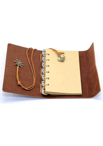 Bağcıklı Deri Ciltli Defter El Yapımı Spiralli Denizci Pusula Logo Çizgisiz Vintage Yaprak Gezgin Günlük Not Anı Hatıra Defteri