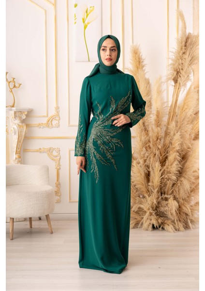 Kolları ve Ön Kısmı Taş Detaylı Tesettür Abiye (K4090) fiyatları